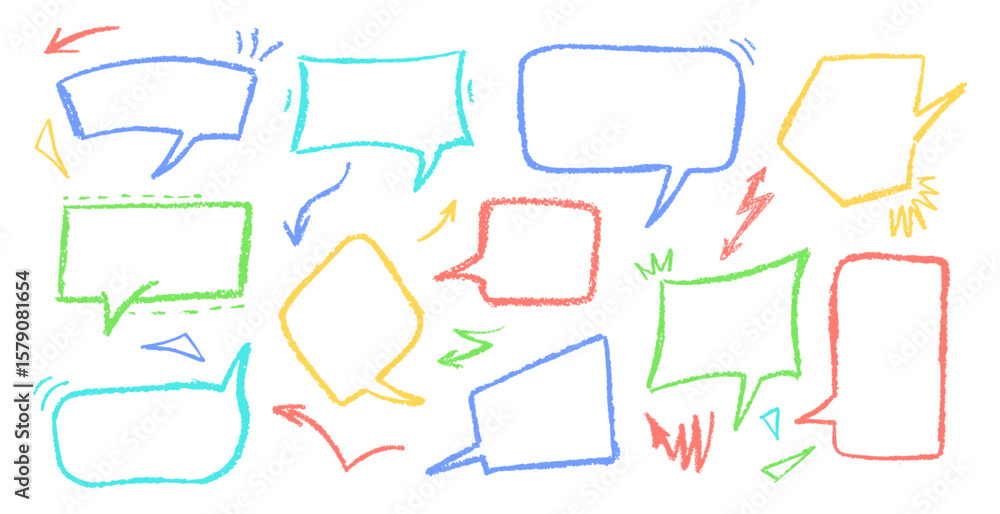 Aufkleber cartoon color speech bubbles with rough crayon texture and graffiti style. abstract charcoal set for