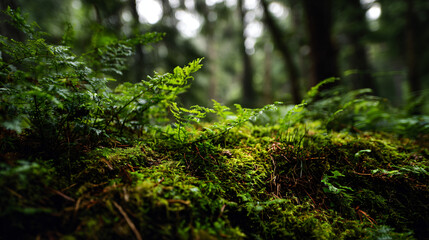 Obraz premium Close-up of vibrant green moss and delicate ferns on a forest floor illuminated by gentle sunlight