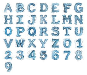 3D numbers and letters text made of water isolated on a white transparent background