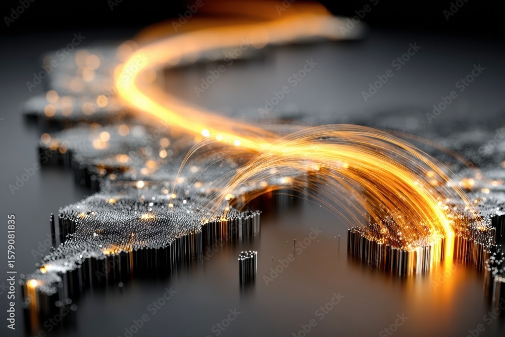 Poster global network: a digital depiction of global connection, the flowing light trails symbolize data, i