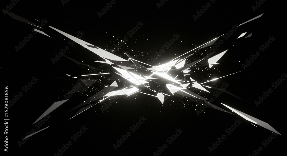 Poster abstract monochrome background with angular shards and particle effects converging centrally