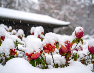 Snow-Covered Tulips and Daffodils in a Winter Garden