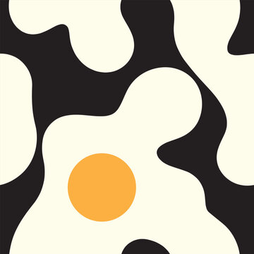 Abstract seamless pattern inspired by fried egg shapes in bold colors. Ideal for kitchen textiles, food-themed packaging, cafe branding, modern wallpaper, and quirky decorative designs.
