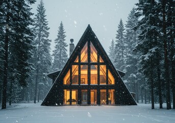 A frame cabin with large windows in a snowy forest landscape during winter season with falling snow