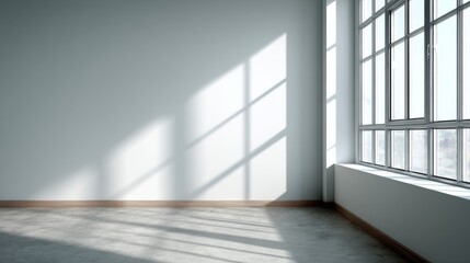 Empty room with large window sunlight casts shadows on wall and floor Concrete floor wood baseboard