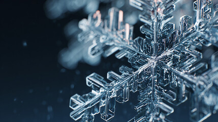 Detailed macro photograph of a single hexagonal snowflake with intricate crystalline structure on a dark blue background