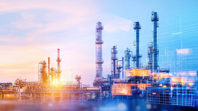 Modern industrial complex with tall smokestacks and pipelines, illuminated by vibrant sunset, showcasing energy production and technology