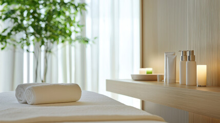 Calming spa environment featuring rolled towels, skincare products, and soft lighting creates soothing atmosphere for relaxation