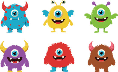 Colorful cute cartoon monsters with one eye, vector set of funny fantasy creatures, kids character design, isolated on white background