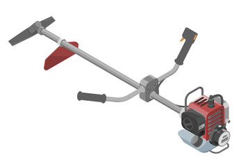 Isometric illustration of a gasoline powered brush cutter with red engine black grip handles and sharp rotating blade isolated on white background