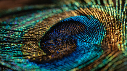 Obraz premium Extreme macro of a peacock feather eye with vibrant iridescent blue and gold tones