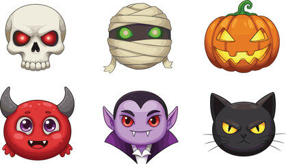 Halloween cartoon character collection with skull, mummy, pumpkin, vampire, demon, black cat, spooky icons for kids, vector illustration isolated