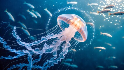Glowing jellyfish with schools of fish in ocean water