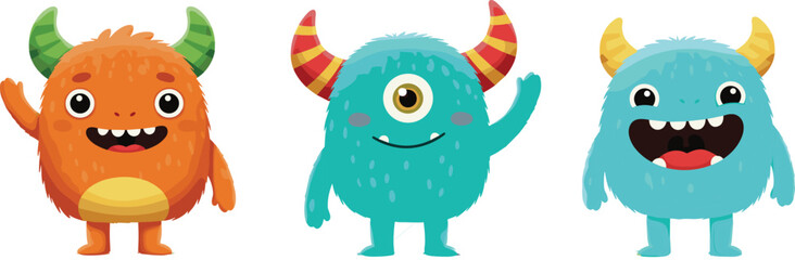 Cute cartoon monsters with big eyes, smiling faces, colorful horns, playful furry design, isolated vector illustration for kids and animation use