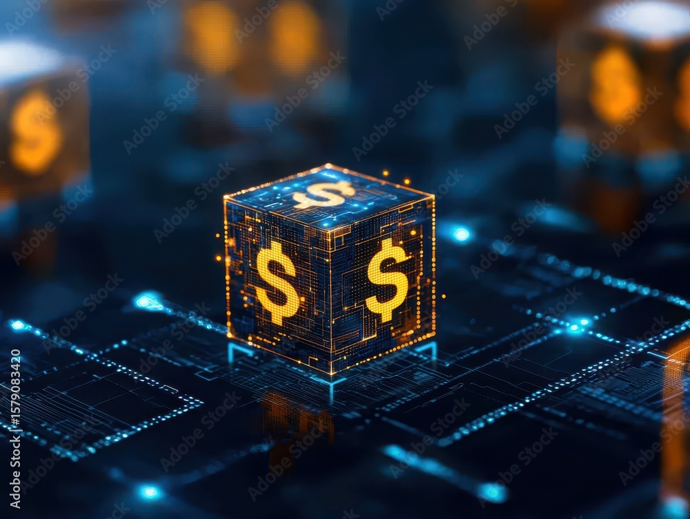 Poster economy block tax concept. digital cube with dollar sign representing finance and blockchain technol