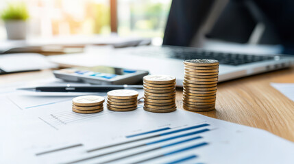 Investing coins stacked on financial documents, calculator, and laptop in modern office setting, symbolizing growth and financial planning