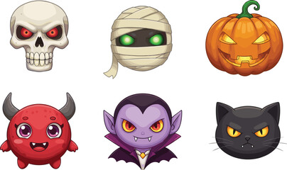 Cute Halloween cartoon icons including skull, mummy, pumpkin, vampire, devil, black cat, spooky vector characters, isolated on white background