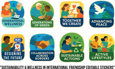 Sustainability & Wellness in International Friendship Editable Stickers