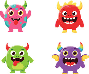 Set of cute cartoon monsters with colorful horns, funny expressions, happy faces, fantasy vector characters for children, isolated white background