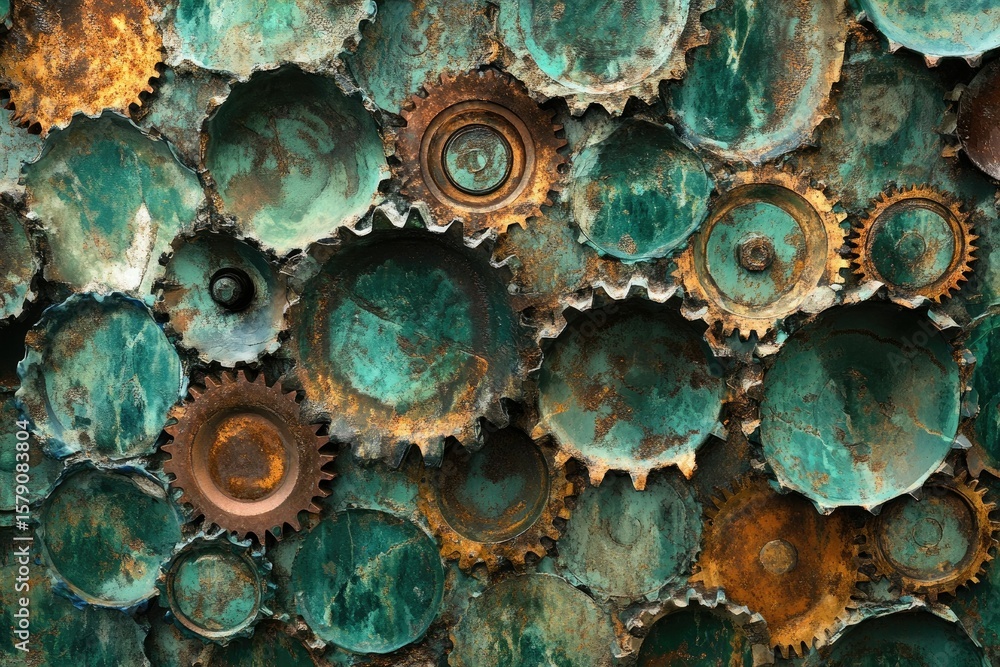 Poster a close-up shot of intricately arranged rusty and teal gears, creating a mesmerizing steampunk-inspi