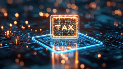 Economy block tax concept. Futuristic digital representation of taxation on a circuit board with glowing elements.