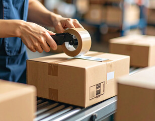 Efficient Packaging Warehouse Worker Sealing Cardboard Box with Tape
