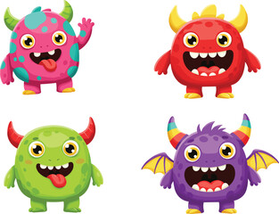 Funny cartoon monsters collection with colorful horns, tongue out, happy expressions, fantasy vector characters for kids, isolated on white background