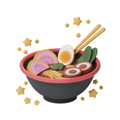 A 3D rendered bowl of delicious ramen sits amidst a scattering of festive stars against a solid transparent background