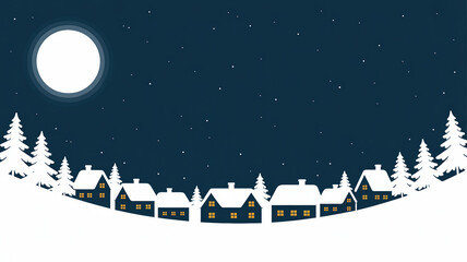 Cozy Winter Village at Night Under a Starry Sky and Full Moon - Christmas Holiday Landscape Illustration