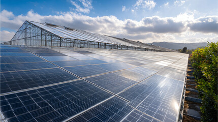 Expansive solar panel installation and large glass greenhouse under a partly cloudy sky