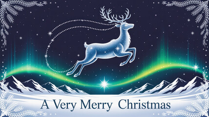 Magical Christmas Reindeer Leaping in Starry Night Sky with Aurora Borealis - Festive Winter Holiday Illustration