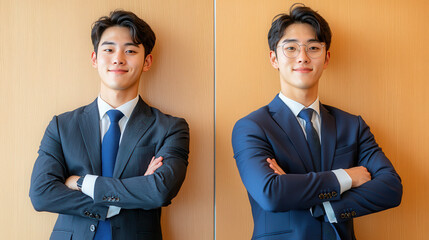 Confident young man in stylish suit poses with arms crossed, showcasing professionalism and charm in modern office setting