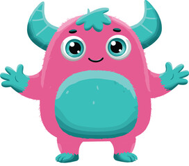 Cute cartoon monster character with pink fur, blue horns, friendly smile, vector illustration for kids, isolated on white background, fantasy