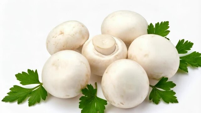 Arrangement of white button mushrooms grouped with fresh green parsley sprigs on a clean white surface showcasing culinary ingredients