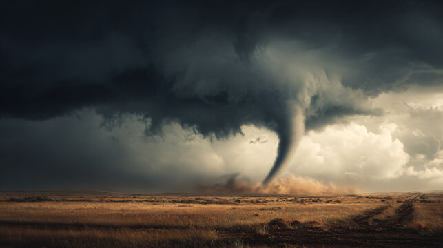 Dramatic tornado touching down on open prairie with dark storm clouds and swirling debris
