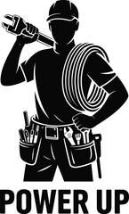 Skilled tradesman silhouette with tools and coiled wire isolated on transparent background silhouette