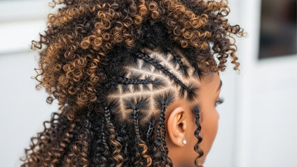 Closeup of a womans creative braided hairstyle with curls png