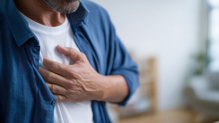 Man experiencing chest pain holds his hand over his heart, conveying sense of discomfort and concern. setting appears to be cozy indoor environment, enhancing emotional impact of moment
