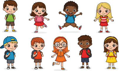 Happy cartoon school children with backpacks, colorful outfits, excited kids ready for class, boys and girls smiling, learning, education fun