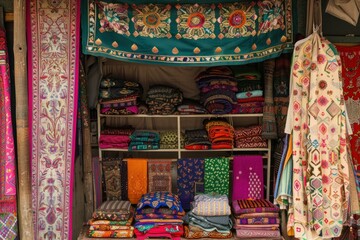 Obraz premium Vibrant handmade textiles and rugs are neatly stacked and hanging, showcasing the rich variety of traditional crafts in a textile shop