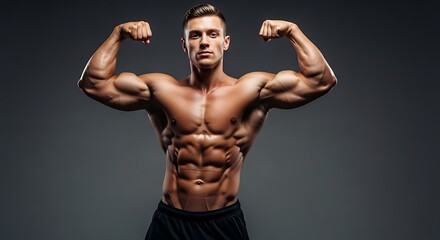 Muscular man flexing his biceps and showing his abdominal muscles against a dark gray background.