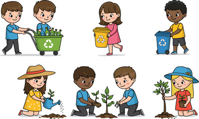 Cartoon children recycling, planting trees, watering plants, protecting environment, eco-friendly kids helping earth, save nature, go green illustration, teamwork