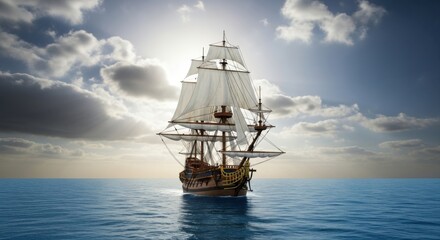 Majestic tall ship sailing across a vast ocean under a dramatic cloudy sky