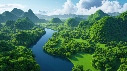 Lush green mountains surround serene river, creating tranquil landscape filled with vibrant foliage and clear skies
