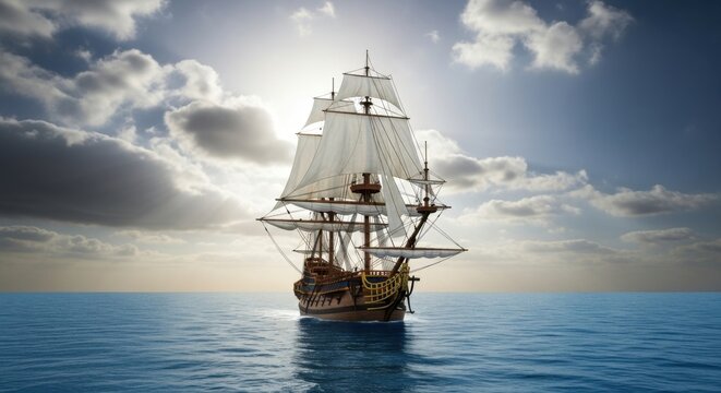 Majestic tall ship sailing across a vast ocean under a dramatic cloudy sky