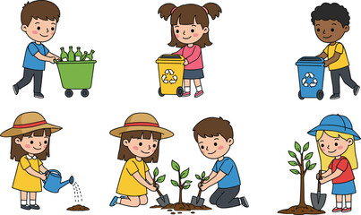 Cute cartoon children recycling, planting trees, watering plants, helping environment, eco-friendly kids activity, save earth illustration, green future actions