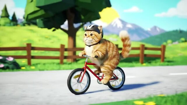 Cat Cyclist An Animated Ginger Cat Rides a Bicycle on a Sunny Path through the Countryside, wearing a helmet and showcasing a low poly style.