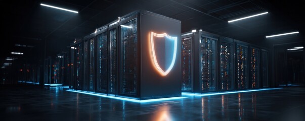 A futuristic data center with illuminated server racks and a glowing shield symbol representing cybersecurity and data protection.