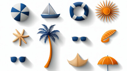 Beach ball sailboat lifebuoy sun starfish palm tree sunglasses shrimp beach umbrella hammock vacation icons summer fun tropical elements seaside