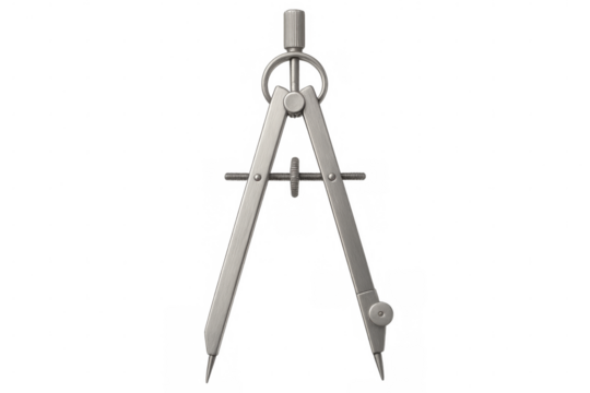 Metal compass pointing north, precision tool for drafting geometric arcs, technical drawings, architectural planning